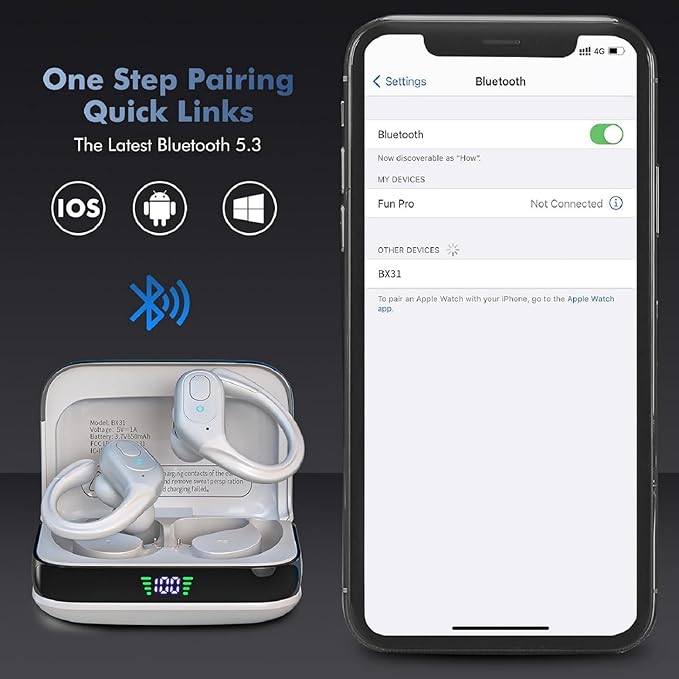 Bluetooth Headphones Wireless Earbuds with 75Hrs Playback, LED Display Charging Case, IPX7 Waterproof, Over-Ear Design Ear Buds for Sports/Running/Workout - White