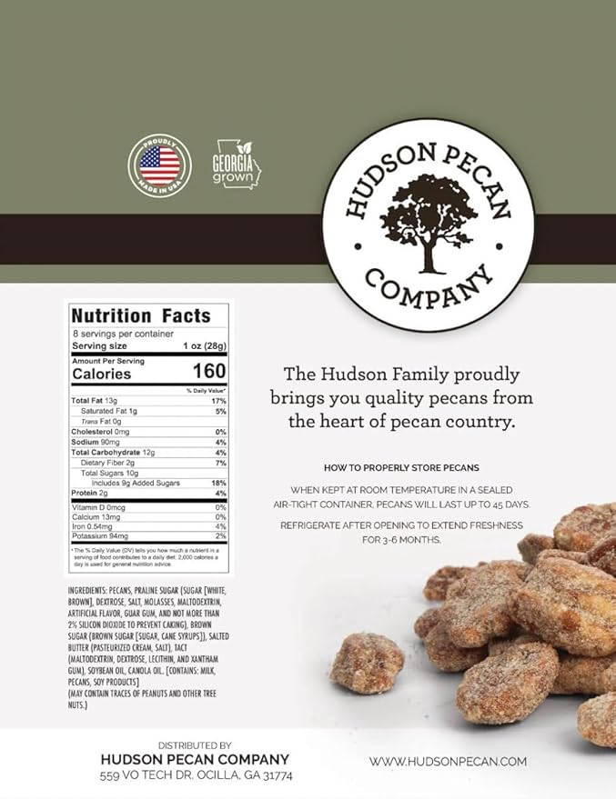 HUDSON PECAN: Praline Pecans - Gourmet Delight in Every Bite - 8oz Resealable Pack for Freshness - Irresistible Southern Sweetness - Perfect for Snacking, Baking, and Gifting - One Pack of Delectable Pecan Pralines (8 Ounce, Praline Pecans)