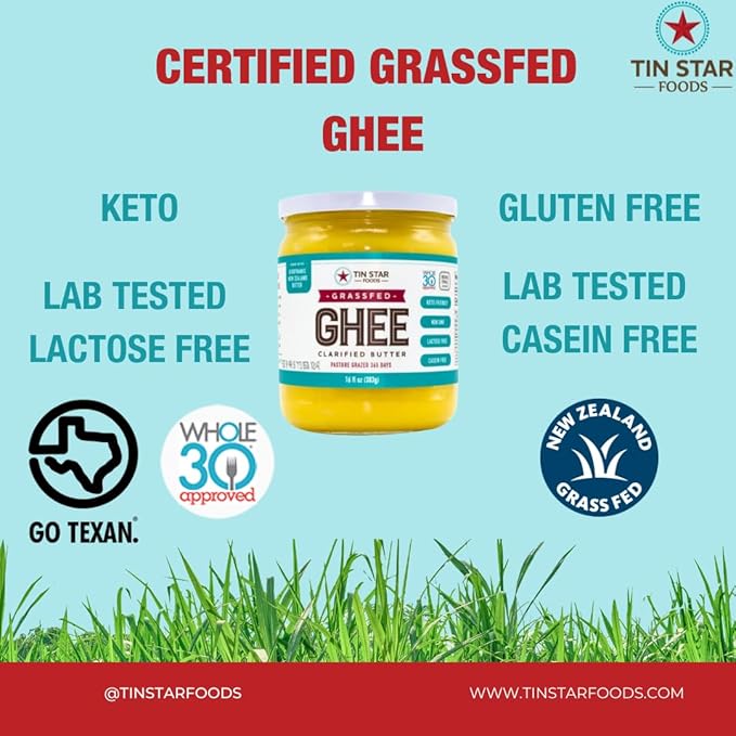 Tin Star Foods - 16 oz Certified Grassfed Traditional Desi Ghee GLASS JAR. Made in kettles and hand filtered in Dallas Texas. Indian owned brand
