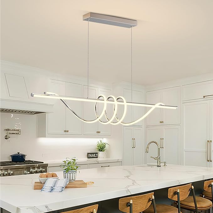 Modern LED Pendent Lights Kitchen Island,3000k-6000K Adjustable Color Dining Room Light Fixture,Dimmable with Remote Control Aluminum for Kitchen, Living, Dining,Bedroom(57in Chrome Silver