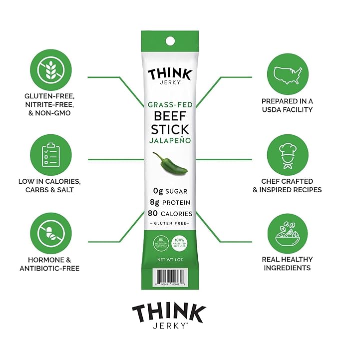 Think Jerky Jalapeno Beef Sticks, Gluten and Sugar Free, No Nitrates, Keto Paleo Friendly High Protein Low Carb Meat Snack - 1.0 oz Sticks, 10 Pack