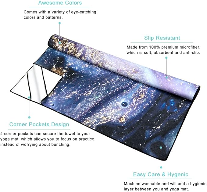 QiyI Yoga Mat Towel with Corner Pockets, Non Slip Sweat Absorbent Hot Yoga Towels, Soft Yoga Blankets with Travel Bag, Skidless Mat Cover for Workout, Gym, Fitness - 70"x26", Purple Gold Marble