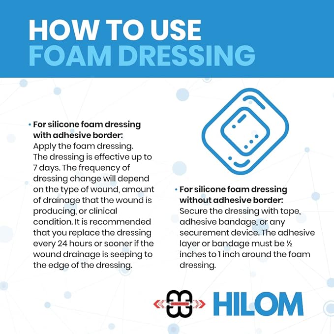 Hilom Silicone Foam Dressing with Adhesive Border 4 in x 8 in (5 Pack) Waterproof Dressing, Latex Free for Moist to Heavily draining Wounds…