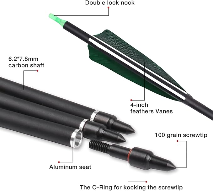 YLS 500 Spine Arrows 30 Inch Carbon Arrows 4" Turkey Feather Archery Target Practice Hunting Arrows with for Recurve Bow Long Bow