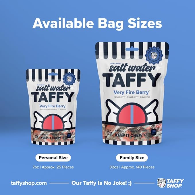 Taffy Shop Very Fire Berry, Blueberry Raspberry Cayenne Salt Water Taffy Gourmet Soft Chewy Candy, Bulk Sweet Snack, Fresh Gift & Gluten-Free, 140 Individually Wrapped Pieces (32oz)