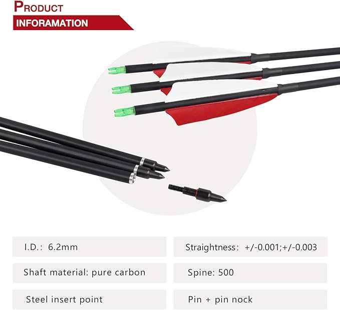 YLS 500 Spine Arrows 30 Inch Carbon Arrows 4" Turkey Feather Archery Target Practice Hunting Arrows with for Recurve Bow Long Bow