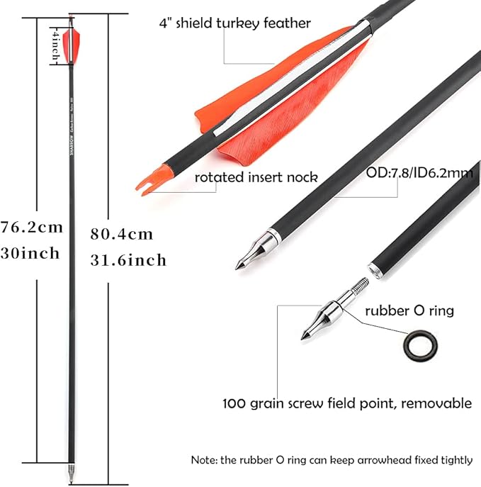 ZSHJGJR 30 Inch Archery Carbon Arrows Hunting Arrows with 4” Turkey Feather Target Practice Arrows Spine 500 for Compound & Recurve &Traditional Bow 6/12pcs