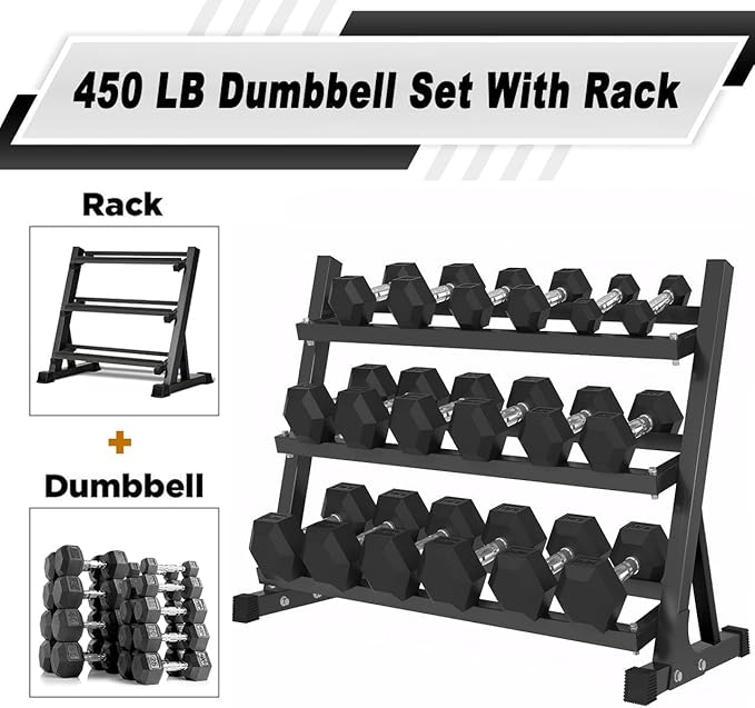350LB 450LB 550LBS Rubber Hex Dumbbell Sets with Rack for Home Gym, 5-50LB Dumbbell Sets Coated Hand Weights for Strength Training, Workouts (5, Pounds)