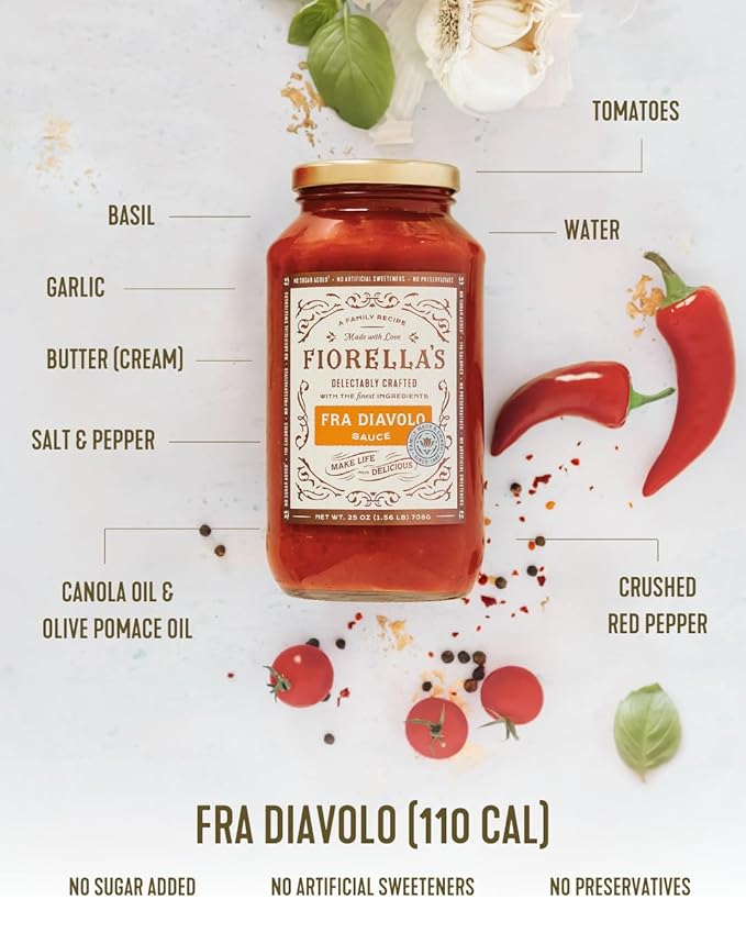 Fiorella's Fra Diavolo, Arrabbiata Sauce - Tomato Sauce Made with Fresh Ingredients - No Sugar Added, No Preservatives Added, No Artificial Sweeteners, Pasta Sauce, 25 Oz (Pack of 2)
