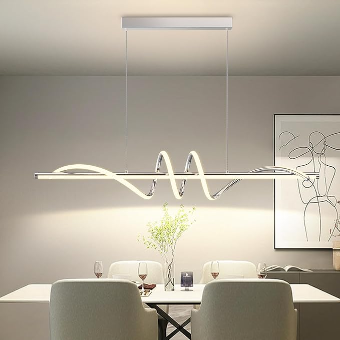 Modern LED Pendent Lights Kitchen Island,3000k-6000K Adjustable Color Dining Room Light Fixture,Dimmable with Remote Control Aluminum for Kitchen, Living, Dining,Bedroom(47in Chrome Silver