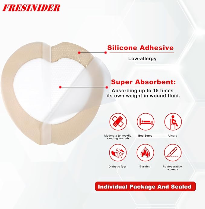 7"x7" (Pack of 5) Wound Silicone Sacral Foam Dressing - Sacrum Foam Adhesive with Border - Waterproof Absorbent Breathable Bed Sore Pressure Pads