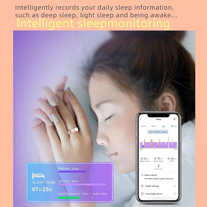 Smart Ring Health Tracker for Women Men, Fitness/Sleep/Stress/HR Tracker, Fitness Tracker with Steps, Distance & Calorie Count, iOS & Android Compatible, IP68 Waterproof (8#)