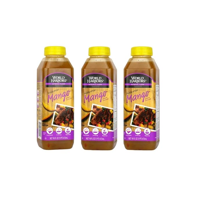 World Harbors Island Mango Sauce & Marinade - Low-Calorie, Sweet & Tangy Perfect Sauce for Chicken, Fish, Beef, Wings, Dipping, Stir-Frying, Salad Dressing. Made in USA 16-Fl Oz Bottle (Pack of 3)