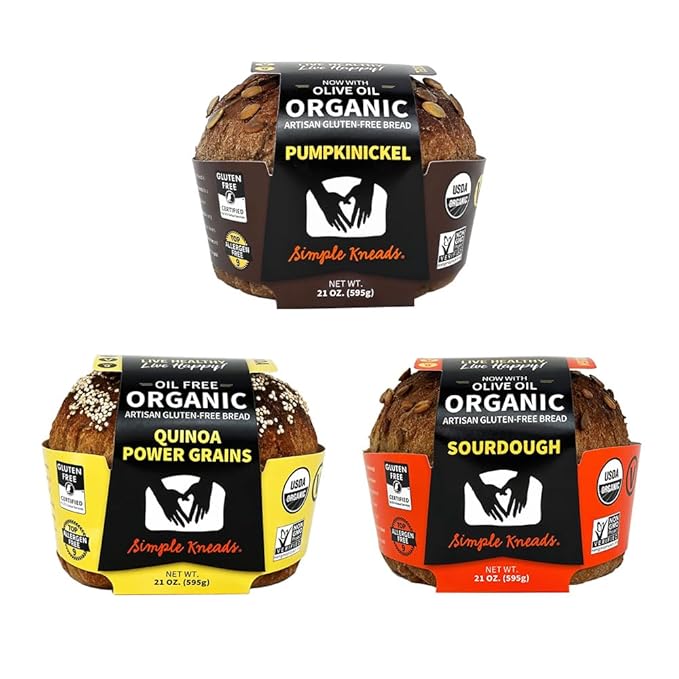 Simple Kneads Gluten-Free Bread Savory Variety 3 Pack – Sourdough, Pumpkinickel, and Quinoa Power Grains – Organic, Top 9 Allergen-Free, Artisan-Style Loaves-Extra Virgin Olive Oil