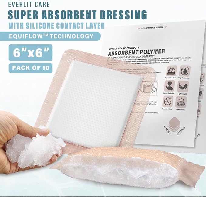 EVERLIT Silicone Super Absorbent Dressing | Sterile Adhesive Bandage Pad for High Absorbency & Reduced Skin Maceration | Fast Healing Advanced Wound Care for Heavily Exudating Wound (6" x 6")