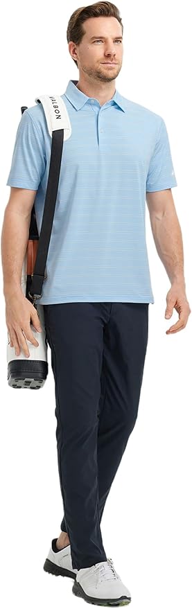Rouen Polo Shirts for Men Dry Fit Performance Heather Stripe Golf Polo Moisture Wicking Lightweight Breathable Golf Shirts