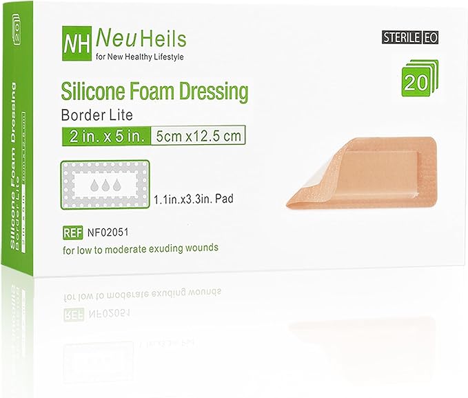 NeuHeils Silicone Foam Dressing Border Lite 2''x5'', 20 Packs, Pad Size 1.1''x3.3'' Soft Gentle Would Bandage Patch for Small Bed Sore Pressure Ulcer