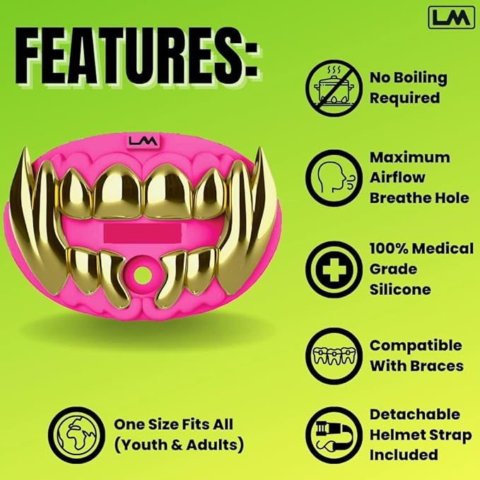 Loudmouth Football Mouth Guard - 3D Chrome Beast Football Mouthpiece, Fits Adult & Youth Ages 5+, Accessories Mouth Guard (3D Chrome Beast - Fluorescent Pink)