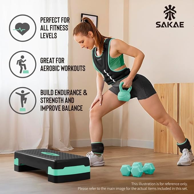 Adjustable Height Aerobic Stepper Set, Multiple Bundle Options with Dumbbells, Kettlebell, Waist Trimmer, Ankle Weights or Weighted Vest, Workout Exercise Step Platform w/Level Risers, 4 Colors