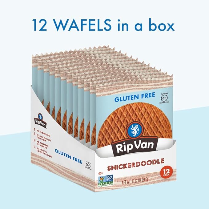 Rip Van Gluten-Free Snickerdoodle Stroopwafel, Healthy Gluten-Free Snacks, Non-GMO Snacks, Low Sugar (6g), Low Calorie Snack, 12 Count