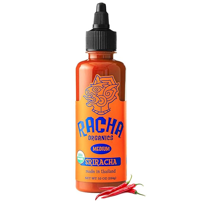 Racha Organics Medium Heat Sriracha Hot Sauce - USDA Organic Sriracha Sauce Made with Estate-Grown Thai Chili Peppers - Low-Sugar, Non-GMO, Gluten Free, Keto Friendly - 10oz - Made in Thailand