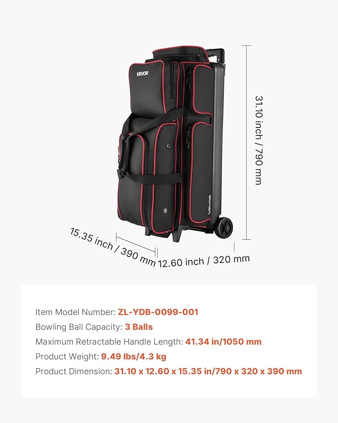 VEVOR Bowling Ball Bag, 3 Ball Double Roller Bowling Bag with Wheels, Featuring a Separate Compartment for Shoes (Up To US Size 16) & Oversized Accessory Pocket, Retractable Handle Extends to 41.34 in