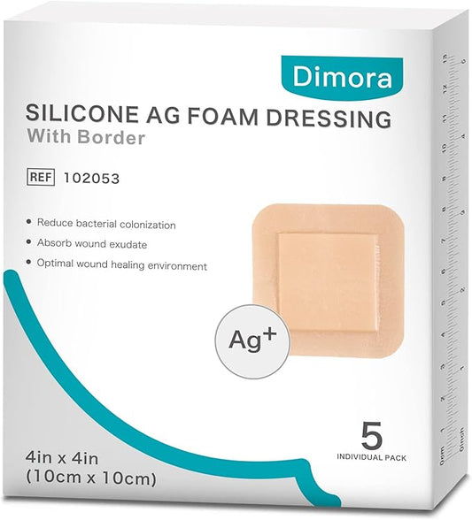 Dimora Silicone Foam Dressing Silver Ag Sterile Wound Bandage with Gentle Silicone Adhesive Border 4"x 4" Waterproof Breathable Ultra Absorbent Pads
