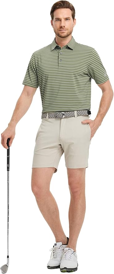 Rouen Mens Polo Shirts Short Sleeve Dry Fit Performance Moisture Wicking Causal Striped Polo Collared Golf Shirts for Men
