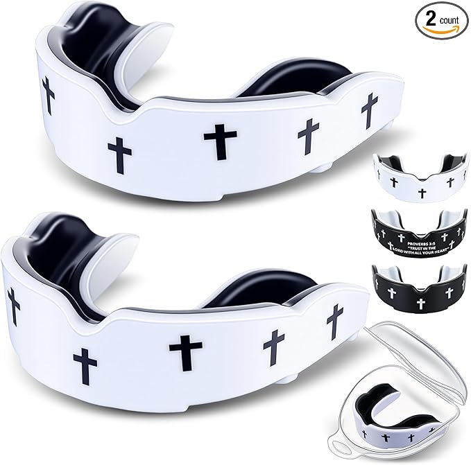 Yaomiao 2 Pcs Cross Mouth Guards Christian Teeth Armor Sport Game Guard with Case Religious Mouth Guards for Baseball Football Lacrosse Basketball Rugby Boxing Taekwondo