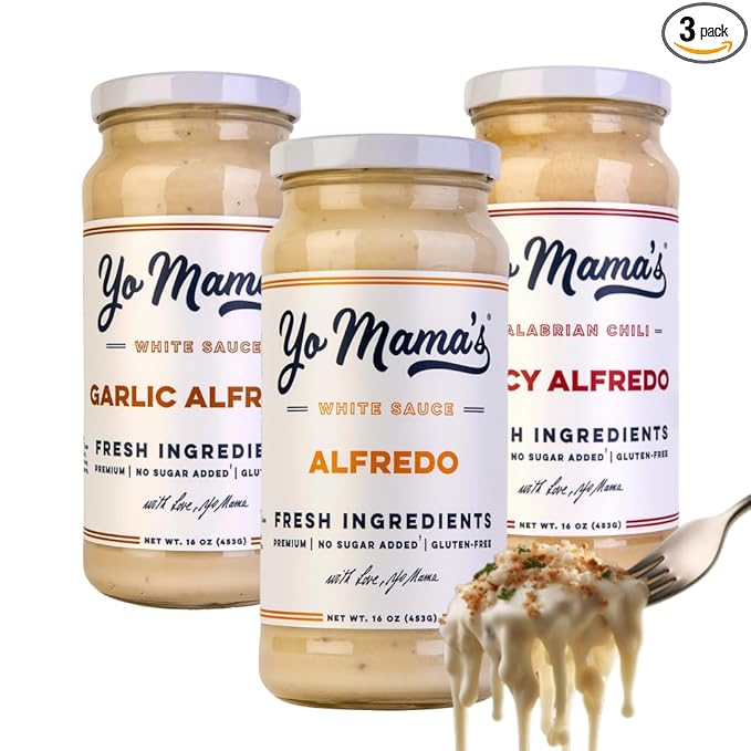 Yo Mama’s Foods Gourmet Keto Alfredo Pasta Sauces Variety Pack | (3) 16 Ounce Glass Bottles | Classic (1), Garlic (1) and Spicy (1) - 1 Count (Pack of 3)