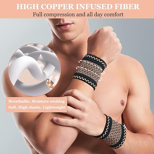 Copper Wrist Compression Brace (2Pcs), Elastic Wrist Support Sleeve Wrist Braces for Tendonitis, Arthritis, Carpal Tunnel Pain Relief, Soft Wrist Wrap Wristbands for Sport, Fitness, Workout, Typing(L)