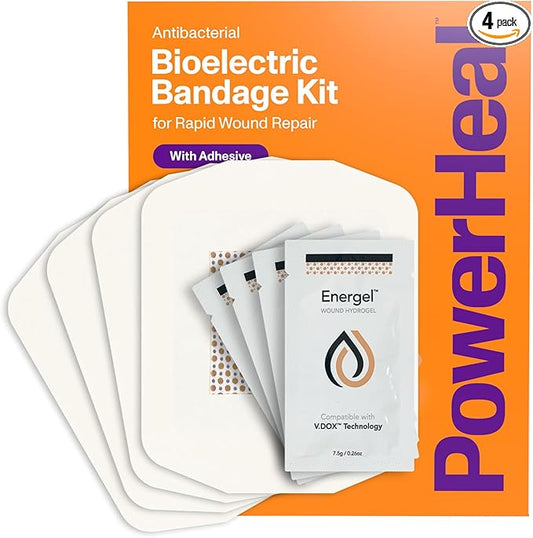 Bioelectric Bandage Kit for Wound Care & Fast Healing – 3-Layers w/Bioelectric Pad, Absorbent Pad, Adhesive + Wound Hydrogel – for Cuts, Abrasions, Blisters, Burns – 4-Pack, 4” x 4”