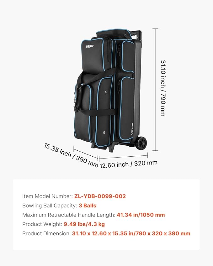 VEVOR Bowling Ball Bag, 3 Ball Double Roller Bowling Bag with Wheels, Featuring a Separate Compartment for Shoes (Up To US Size 16) & Oversized Accessory Pocket, Retractable Handle Extends to 41.34 in