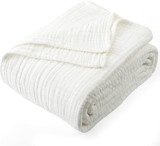 Carriediosa 100% Cotton Muslin Throw Blanket 90" X 90" Queen Size，4-Layers Summer Gauze Throws for Bed Couch，Soft Lightweight Breathable Linen Blankets Bedspread for Adults All Season，White