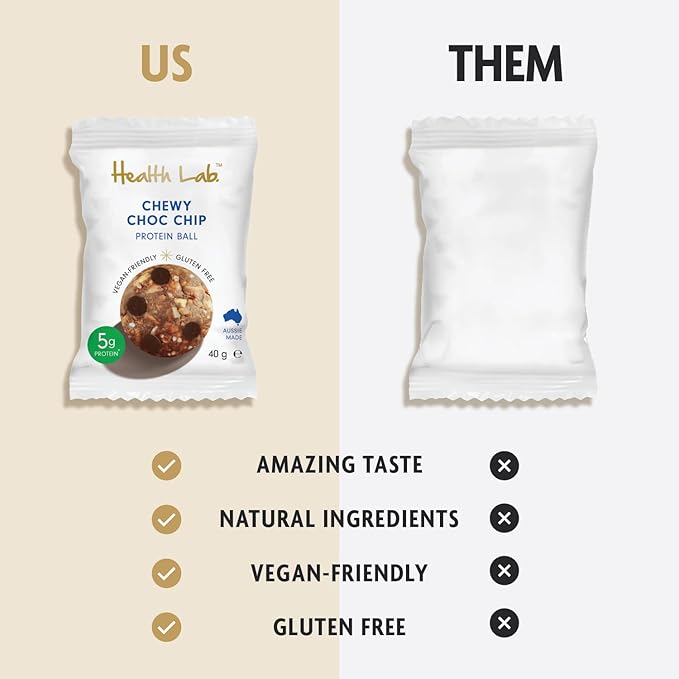 Health Lab - Vegan Protein Balls - Chewy Choc Chip and Peanut Butter 480g - (Pack of 12)