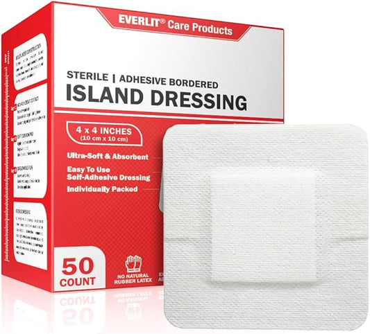 EVERLIT Island Dressing Bordered Gauze | Large Wound Care Bandage with Adhesive Border| Sterile, Soft & Highly Absorbent Medical Grade Dressing Pad (4x4 Inch (Pack of 50))