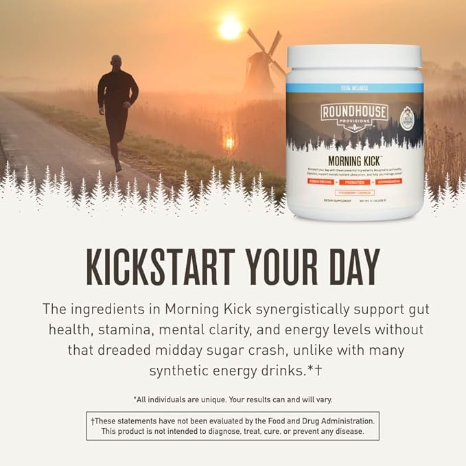 ROUNDHOUSE PROVISION Morning Kick, Zero Sugar Greens Superfood Powder Supplement with Ashwaganda, Collagen, Probiotics, Debloat Drink, (3 Pack, Strawberry Lemonade) by Chuck Norris
