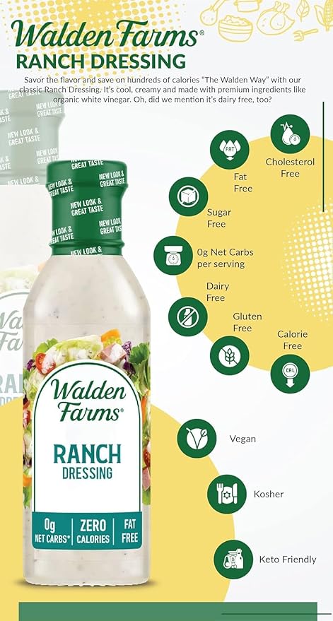 Walden Farms Ranch Dressing - Calorie-Free, Gluten-Free, Low Carb, Keto-Friendly, Sugar-Free, Dairy-Free Creamy Ranch Flavor - 2 Pack Value Pack, 12 oz Bottles