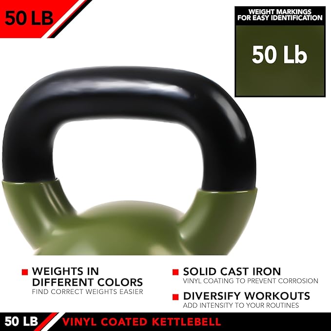 JFIT Kettlebell Weights Vinyl Coated Iron - 12 Size Options, 5lbs-50lbs - Coated for Floor and Equipment Protection, Noise Reduction, Ballistic, Core, Weight Training