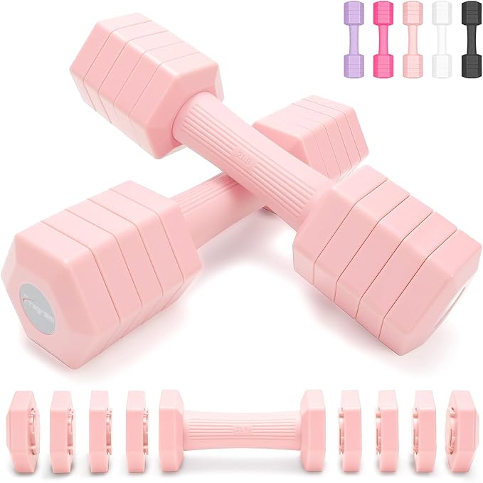 Adjustable Dumbbells Set, 4 in 1 Hand Weights Set for Women Men 10 LB/ 12 LB Dumbbell Pair Each 2lbs 3lbs 4lbs 5lbs Weights Dumbbells Set with TPU Soft Rubber Handle for Home Gym Exercise Fitness