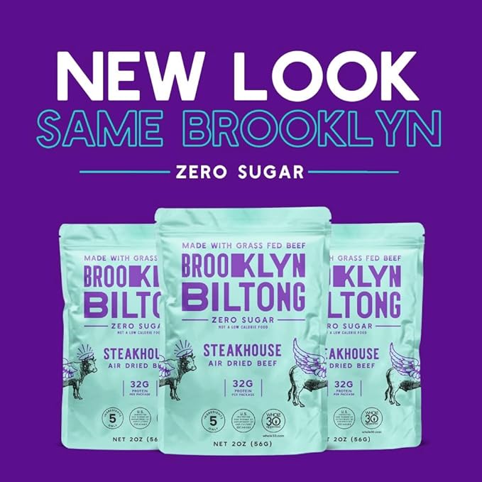 Brooklyn Biltong Air Dried Grass Fed Beef Snack, South African Beef Jerky (8 oz, Pack of 2) - Whole30 Approved, Paleo, Keto, Gluten Free, Sugar Free, Made in USA - (Steakhouse)