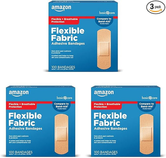 Amazon Basic Care Flexible Fabric Adhesive Bandages, First Aid and Wound Care Supplies, All-One Size, 100 Count (Pack of 3)