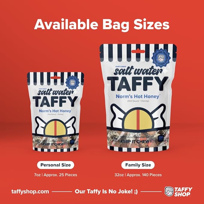 Taffy Shop Norm's Hot Honey, Hot Sauce Honey Salt Water Taffy – Gourmet Soft Chewy Candy, Bulk Sweet Snack, Fresh Gift & Gluten-Free, 35 Individually Wrapped Pieces (7oz)