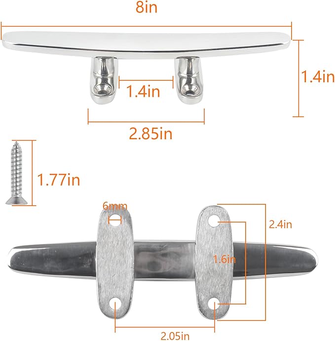 ORLANG 316 Stainless Steel Boat Cleats 5 Inch/6 Inch/8 Inch (3 Size), Open Base Dock Cleats with Fasteners, Boat Dock Cleat Rope Cleat for Boat Docks, Decks or Nautical Decor (4 Pack)