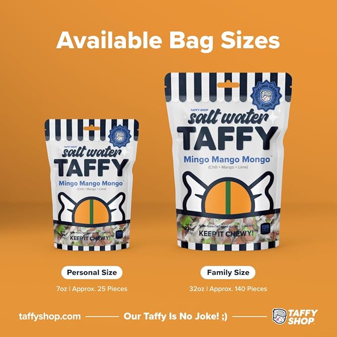 Taffy Shop Mingo Mango Mongo, Chili Mango Lime Salt Water Taffy Gourmet Soft Chewy Candy, Bulk Sweet Snack, Fresh Gift & Gluten-Free, 140 Individually Wrapped Pieces (32oz)