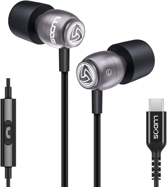 LUDOS Clamor USB C Headphones for iPhone 17 16 15 Pro Max Plus Air iPad Pro, 5 Years Warranty, USB-C Earbuds for Samsung Galaxy S24 S23 Ultra S22 S21 FE S20 A55 A54 A53, USB Type C Earphones - Grey