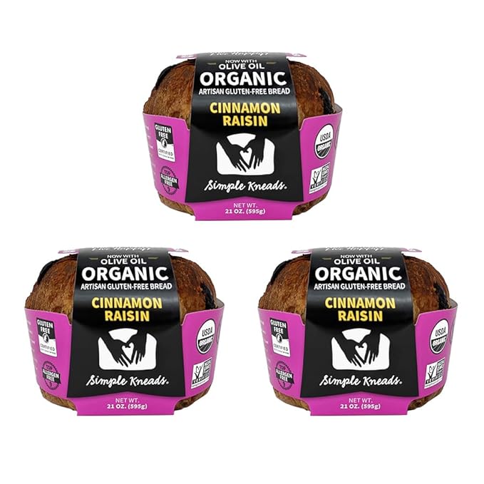 Simple Kneads Gluten-Free Cinnamon Raisin Bread 3 Pack – Swirly Cinnamon Raisin Sourdough – Organic, Top 9 Allergen-Free, Artisan-Style Loaves-Extra Virgin Olive Oil