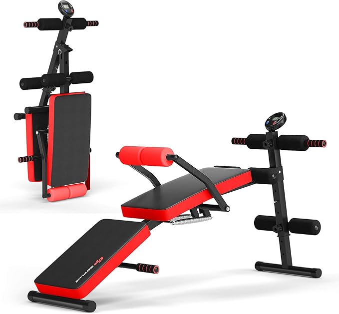 Goplus 6 in 1 Adjustable Sit Up Bench, Foldable Utility Weight Bench w/LCD Monitor, Flat/Incline/Decline Exercise Multi-Purpose Bench for Home, Gym and Office