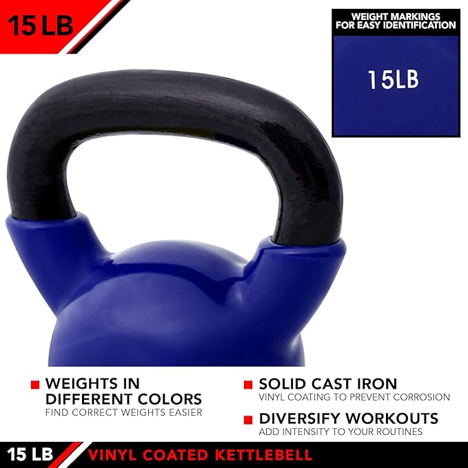 JFIT Kettlebell Weights Vinyl Coated Iron - 12 Size Options, 5lbs-50lbs - Coated for Floor and Equipment Protection, Noise Reduction, Ballistic, Core, Weight Training
