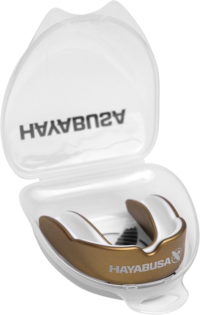 Hayabusa Combat Sports Mouth Guard Youth, Kids and Adult Sizes Comes with Case - Gold/White, Adult